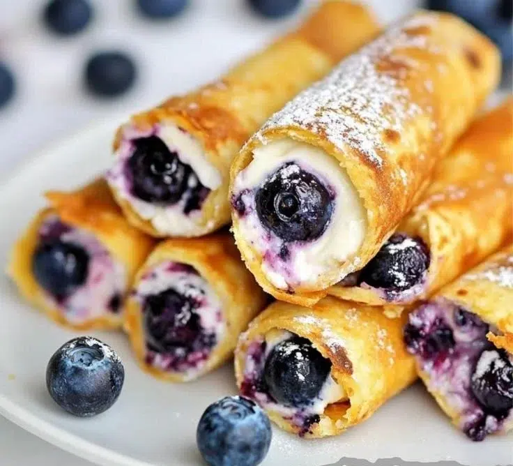 Crispy keto blueberry cream cheese roll-ups on a plate with fresh blueberries.