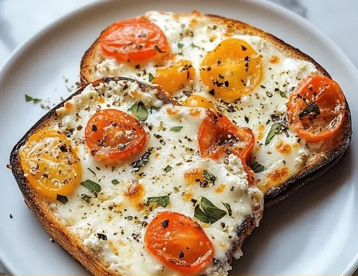 Easy air fryer cottage cheese pizza toast topped with fresh ingredients.