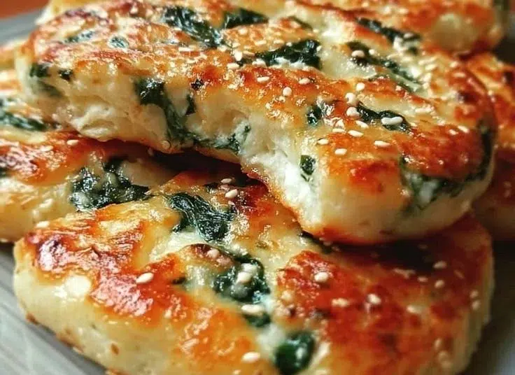 Easy spinach cottage cheese flat bagels on a wooden board