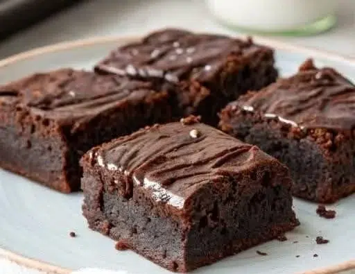 Decadent flourless Greek yogurt brownies on a plate