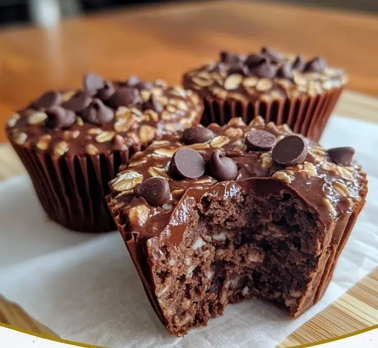 Delicious Greek yogurt chocolate oatmeal cups topped with chocolate flakes.