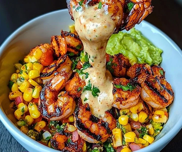 Grilled Shrimp Bowl with Avocado, Corn Salsa & Creamy Sauce