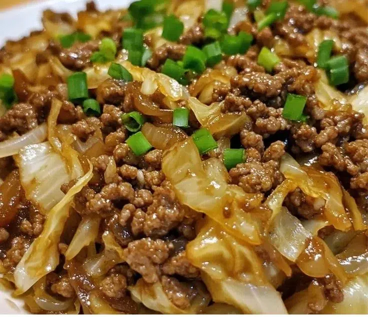 Delicious ground beef and cabbage stir-fry served in a bowl