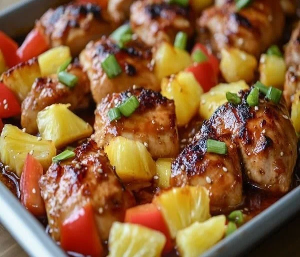 Hawaiian Chicken Sheet Pan with fresh vegetables and pineapple