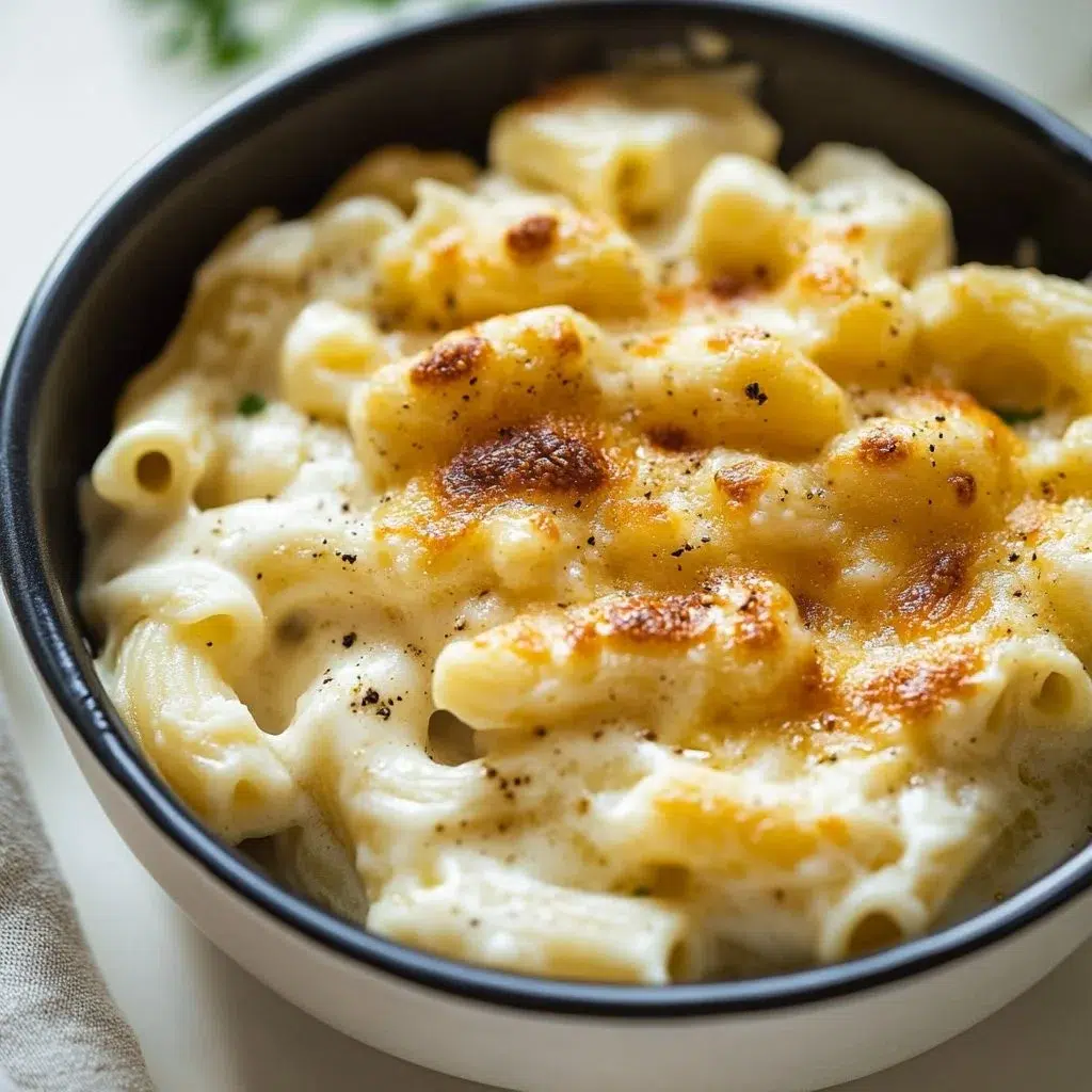 Creamy high protein cottage cheese mac and cheese dish in a bowl