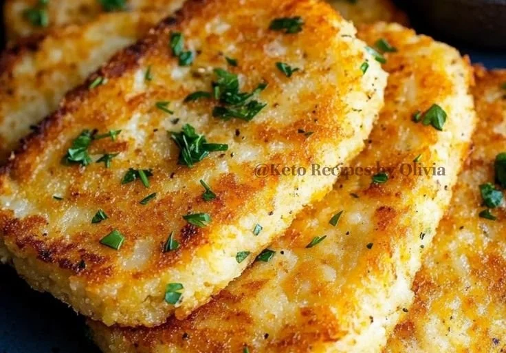 Golden brown Keto Cauliflower Hash Browns served on a plate