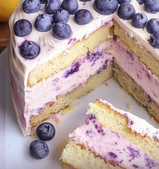 Delicious lemon blueberry cheesecake cake with fresh blueberries and lemon zest.