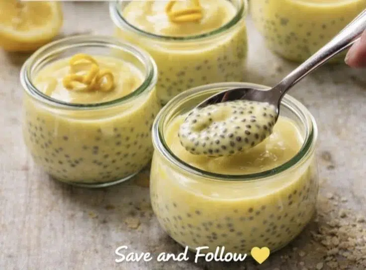 Delicious lemon chia seed pudding topped with fresh fruit in a glass bowl
