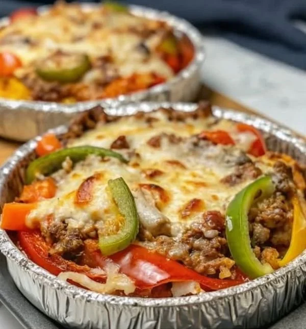 Low carb crustless pizza bowl topped with fresh ingredients and cheese