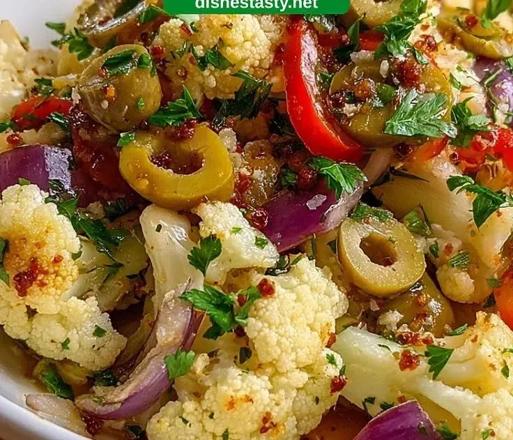 Delicious marinated cauliflower salad with colorful vegetables and herbs.