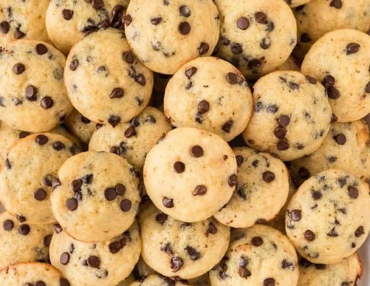 Freshly baked mini chocolate chip muffins in a baking tray