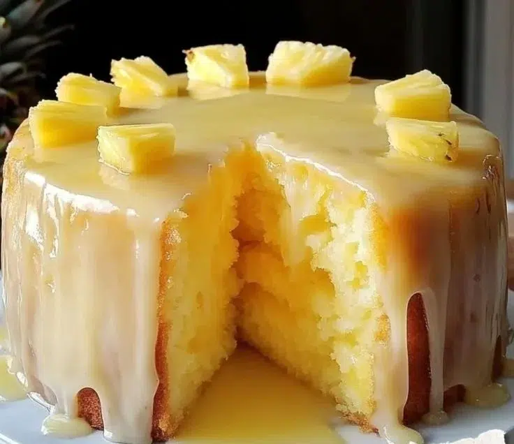 Delicious and moist pineapple juice cake topped with fresh fruit and icing.