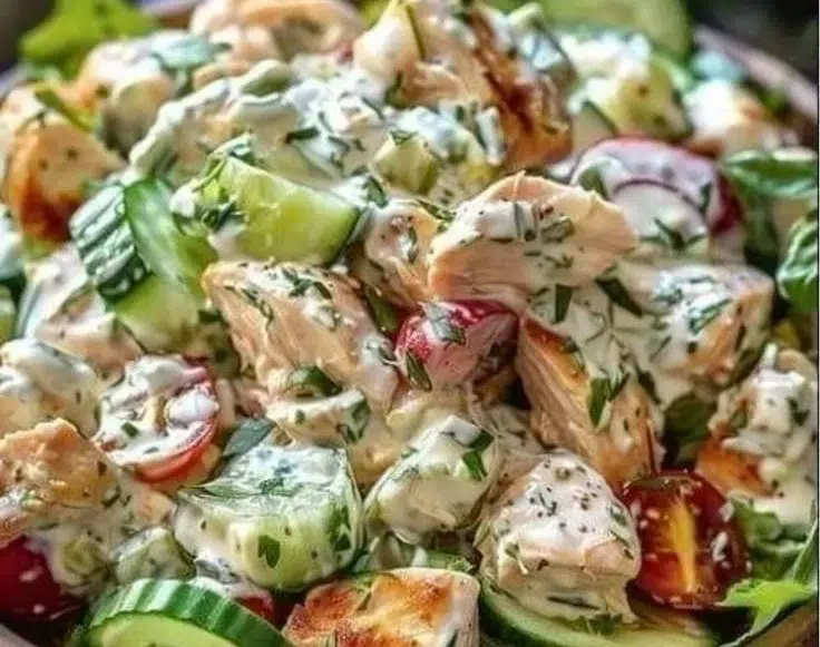 Delicious Tzatziki Chicken Salad with fresh vegetables and creamy dressing