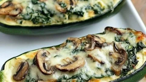 Zucchini boats filled with spinach, mushrooms, and ricotta cheese